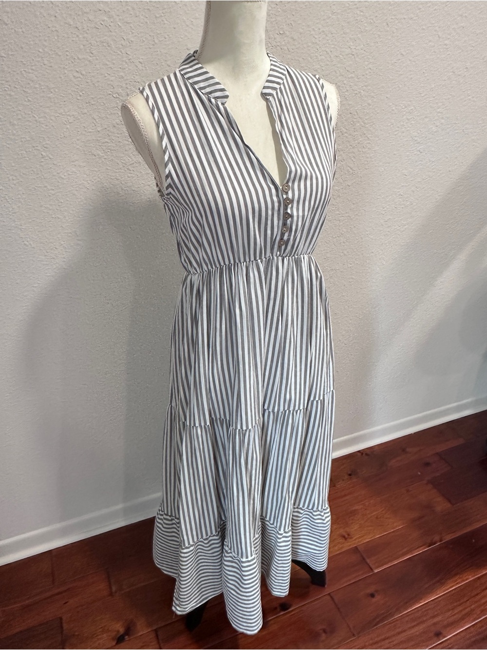 Striped Sleeveless Maxi Dress in Gray and White
